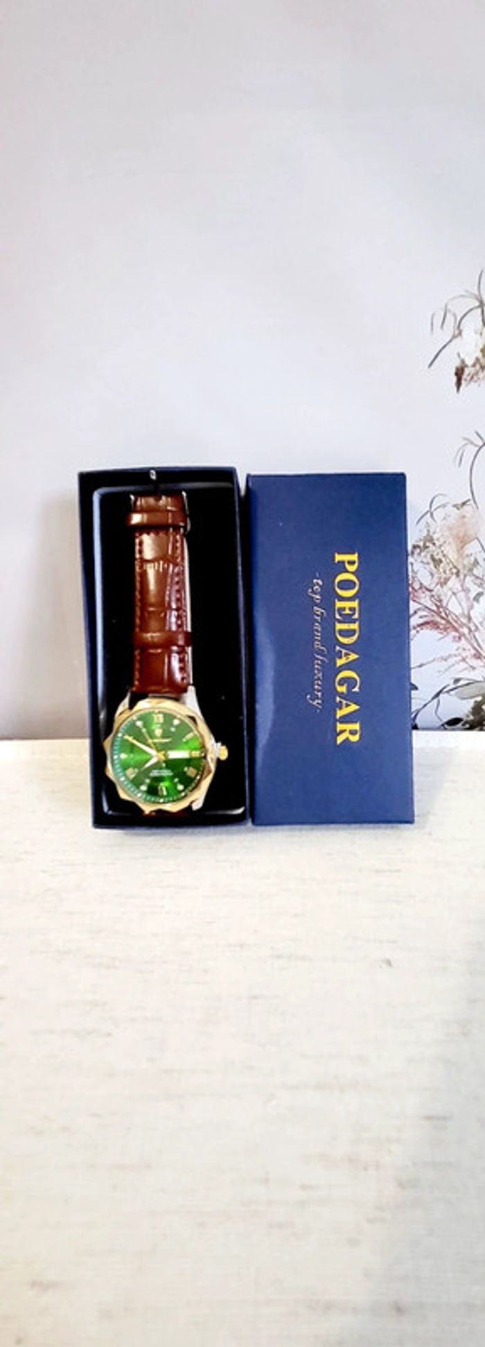 Montre homme Poedagar – cadran vert & bracelet cuir - photo numéro 2