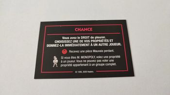 Carte Chance Droit de pleurer jeu de société Monopoly mauvais perdants Hasbro Gaming #B77
