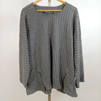 Tunique grise Marina Rinaldi à rayures fines, laine viscose polyester, taille 46 A1366