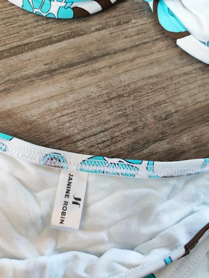 Maillot de bain deux pièces blanc , marron et turquoise Janine Robin Taille 44 - photo numéro 4