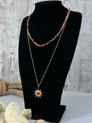 Collier 2 rangs en acier or et cristal corail avec chaînette réglable
