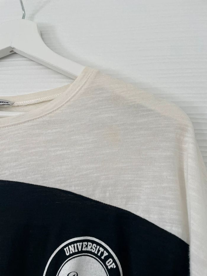 Haut t-shirt noir blanc bicolore uni basique simple logo col rond manches trois quarts - photo numéro 6