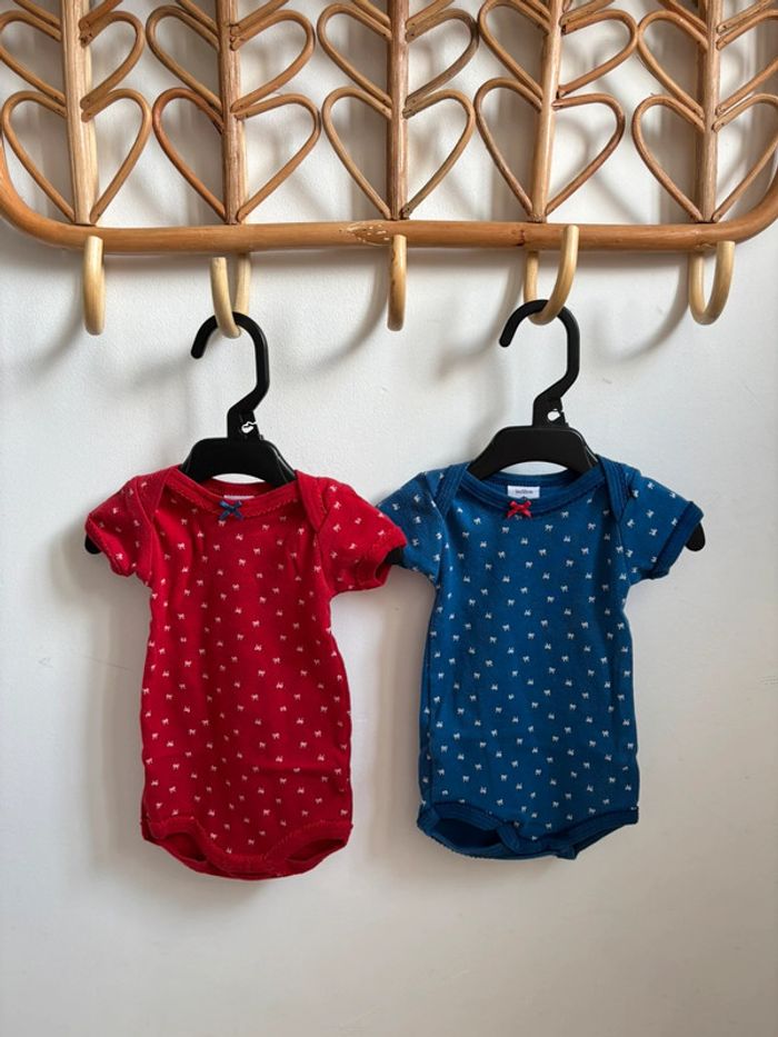 Lot 2 bodies manches courtes noeuds Petit Bateau 3 mois