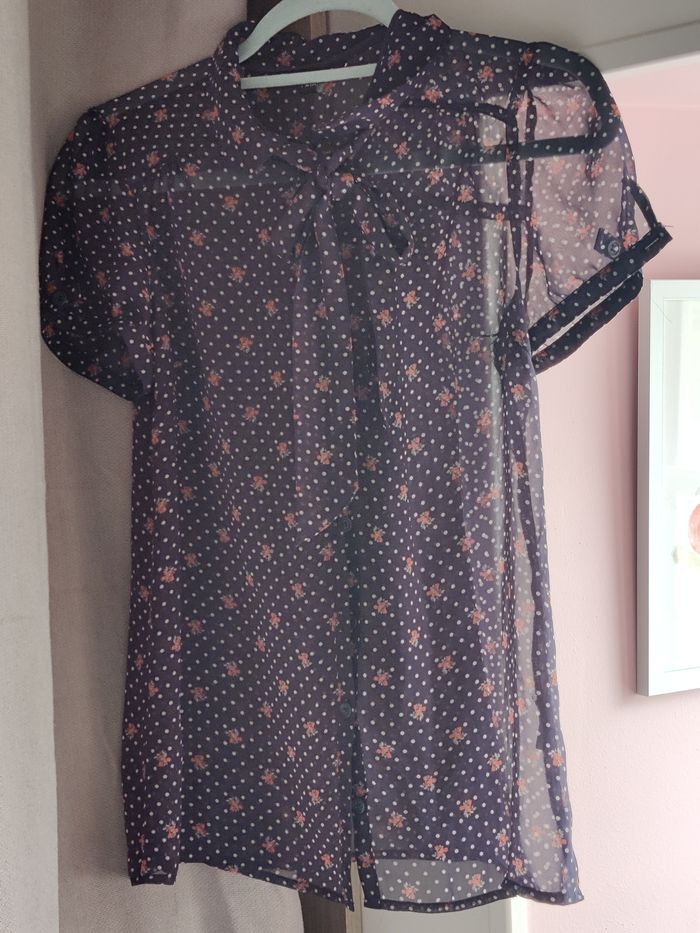 Chemisier blouse pois rétro marine fleurs Pimkie Taille 38 - photo numéro 6