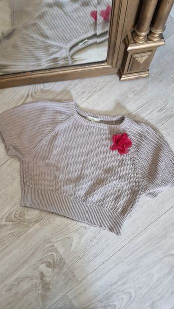 Pull manches courtes en maille gris avec fleurs Verbaudet 🌸5 ans