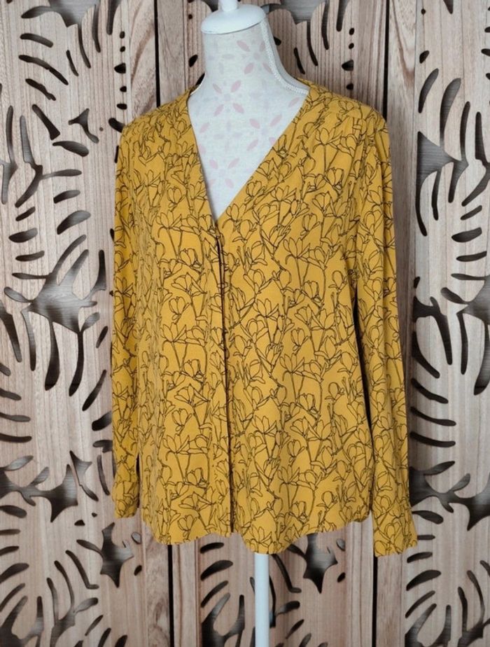 Chemisier fluide jaune moutarde - Motif floral noir - Taille 40/42 Camaïeu - photo numéro 2