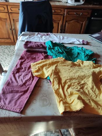 lot vêtements 4 ans 1 pantalon bordeaux, 1 sweat bordeaux 3  shirt vert, 1 jaune,  1 vert beige rayé