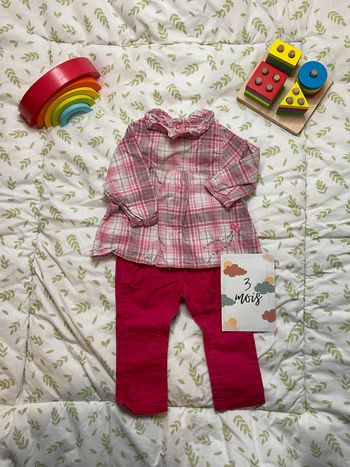 ensemble blouse à carreaux  la compagnie des petits et pantalon rose tape à l'oeil 3 mois