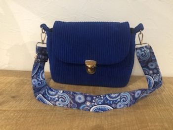 Sac à main velours côtelé bleu vif anse réglable assortie 