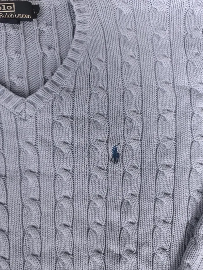 Pull col V torsadé Ralph Lauren L bleu logo marine excellent état - photo numéro 3