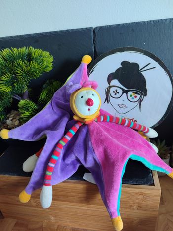 Doudou Knuffel Dragobert Moulin Roty Réversible Vert Violet Lutin Clown Rose