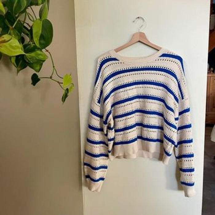Pull ajouré coton rayé bleu blanc écru BZB taille L 100 % coton maille printemps été légère V060