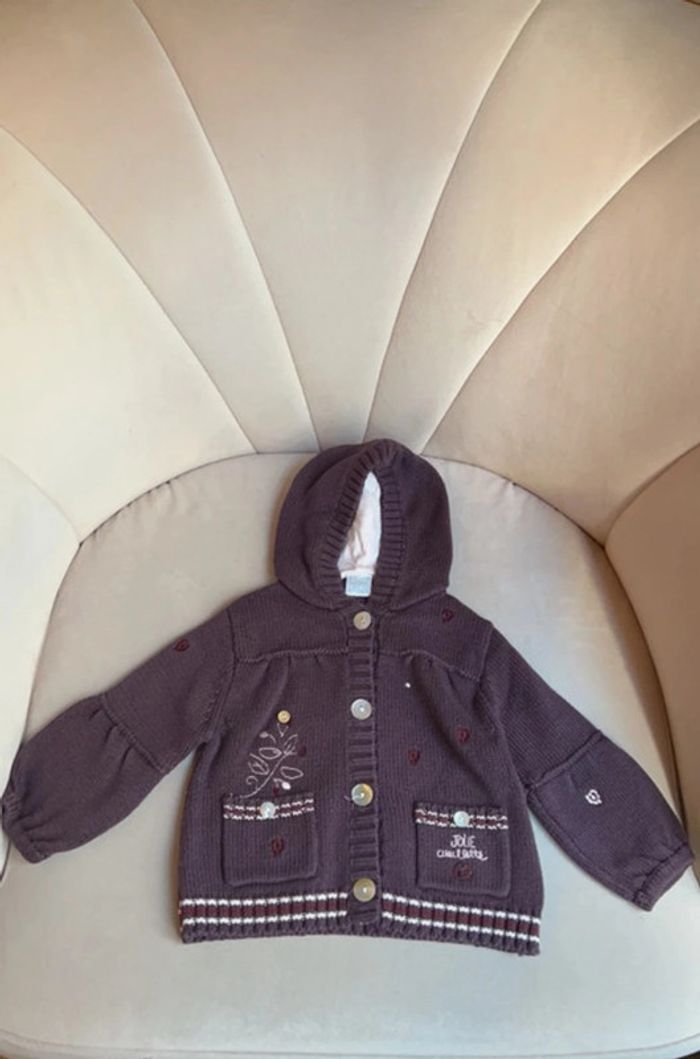 Gilet à capuche doublée jersey aubergine 6 mois - Cadet Rousselle - photo numéro 3