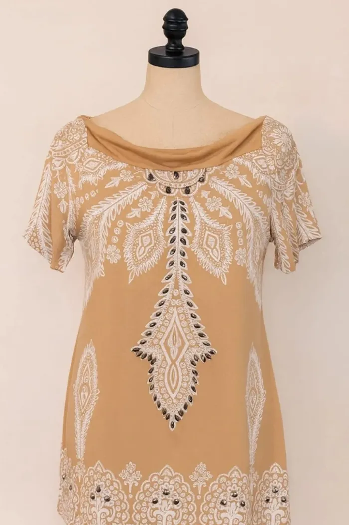 Tunique manche courte col large beige motif blanc avec perle Cool Girl Taille 36 / 38 - photo numéro 2