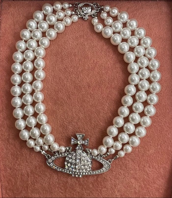 Collier perles 3 rangs motif argenté strass - photo numéro 6