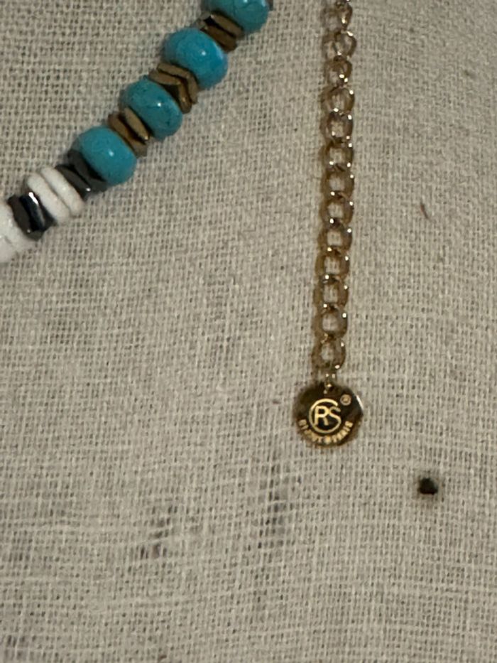 Collier perles blanches turquoises or acier inoxydable or médaille xl œil marque habaha Paris - photo numéro 3