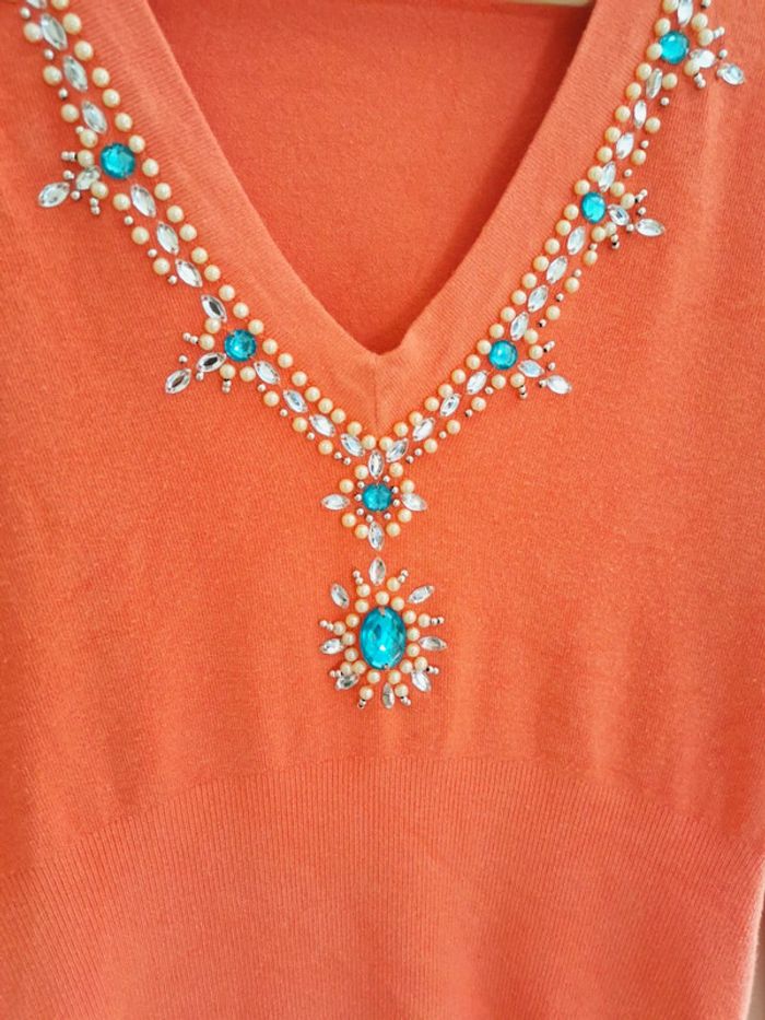 Pull bijoux strass mélange coton printemps été corail style vintage L 40 - photo numéro 5