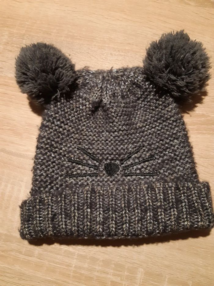 Bonnet gris pailleté tête de chat 2/3ans