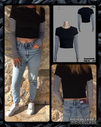 🖤 Top noir effet superposé manches longues rayées Brandy Melville – Taille 32 SOLDÉ -50% 🖤