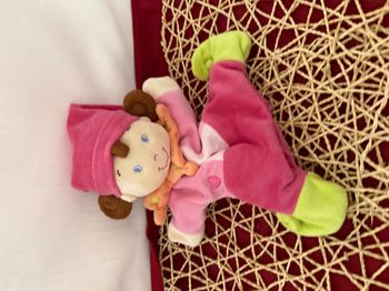 Doudou marionnette lutin poupée arlequin rose orange vert NICOTOY