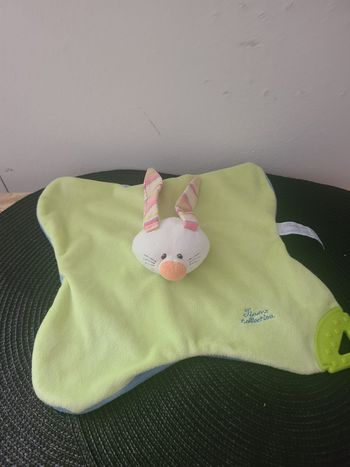 Doudou plat Lapin vert anneau dentition TIAMO