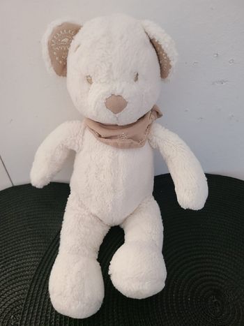 DOUDOU PELUCHE OURS NICOTOY BLANC ECRU FOULARD BEIGE MARRON