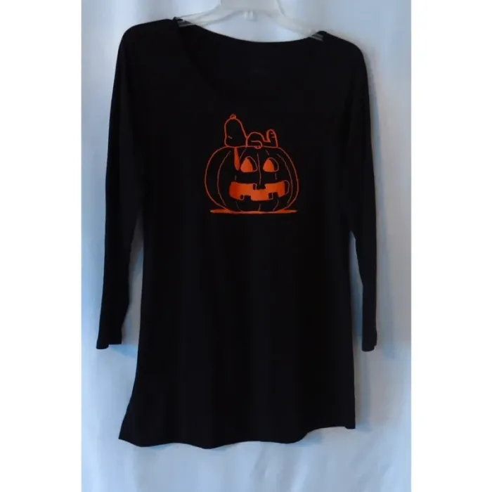 Peanuts Snoopy Pumpkin Halloween Long Sleeve T Shirt/Night Gown Size M Black - photo numéro 3