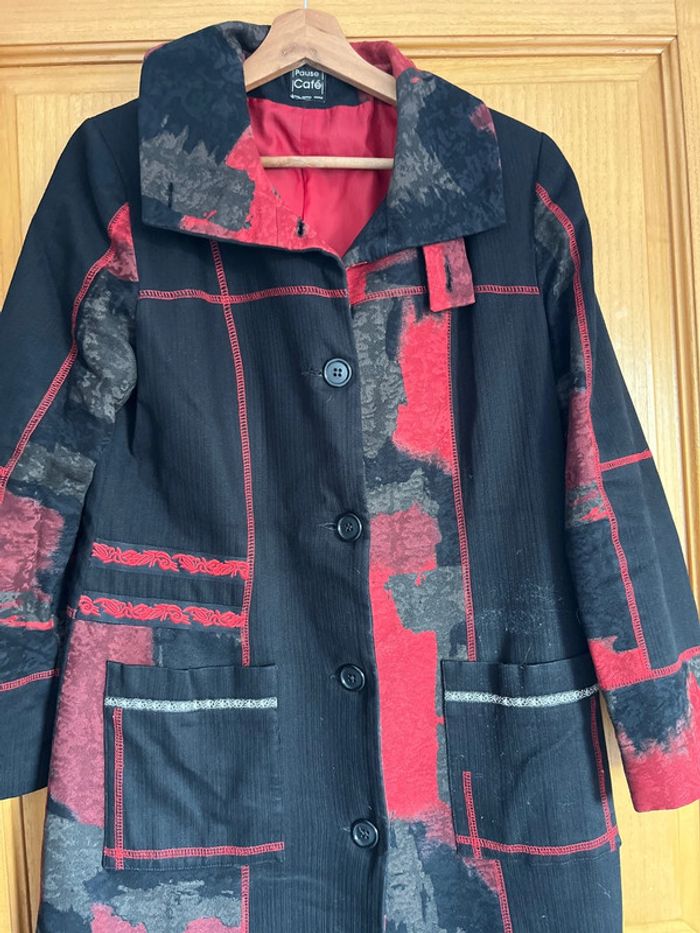 Long manteau mi-saison noir rouge 40 femme - photo numéro 2