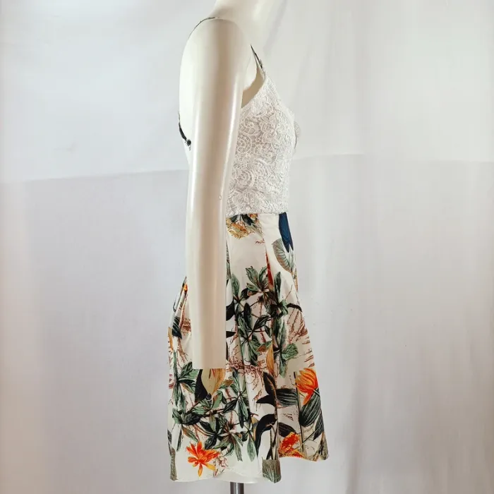 Combishort blanc dentelle et imprimé tropical, fines bretelles croisées, taille XL A1209 - photo numéro 5