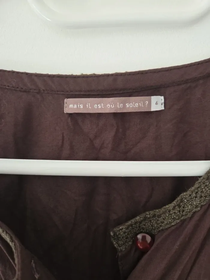 Tunique robe marron femme brodée TBE 100% coton Taille 4 mais il est où le soleil - photo numéro 2