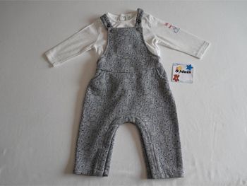 Ens Winnie The Pooh 9 mois : Salopette en sweat grise chinée/bleue fantaisie + haut blanc fantaisie