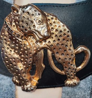 💎grosse ceinture cuir noir et doré vintage rare créateur 80s luxe créateur boucle tigre léopard