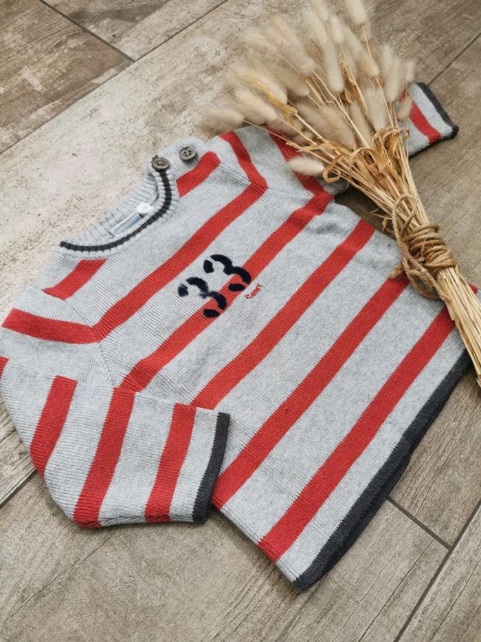 🌸Pull maille Cadet Rouselle 12mois rayé gris rouille - photo numéro 2