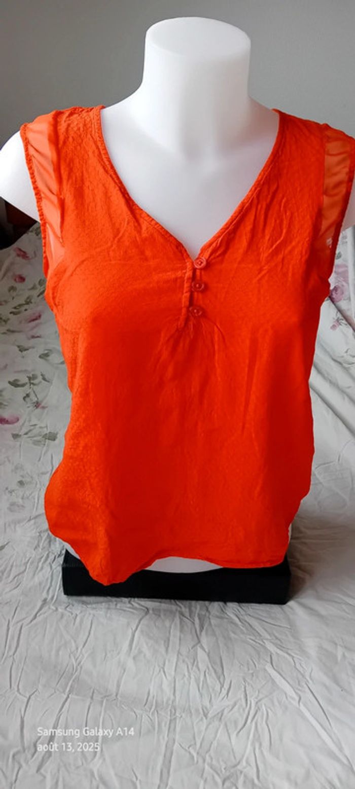 Blouse sans manches bimatiere col V boutonné gaufré orange femme 38 naf naf - photo numéro 2