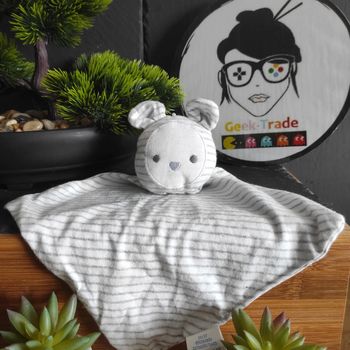 Lapin Ours Obaibi Blanc Rayure Rayé Gris doudou plat mouchoir  #geektradedoudou