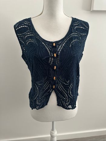 Crop top en crochet tricot broderies bleu marine Héliotrope Vintage T36 S