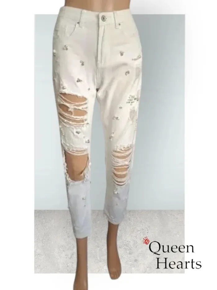 Jean  Queen Hearts ,look boyfriend destroy ,slim ,taille haute ,100 % coton
