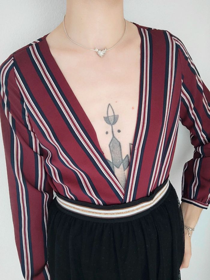 Blouse col V rayé bordeaux bleu marine blanc / Pimkie Collection - 36/S - photo numéro 2