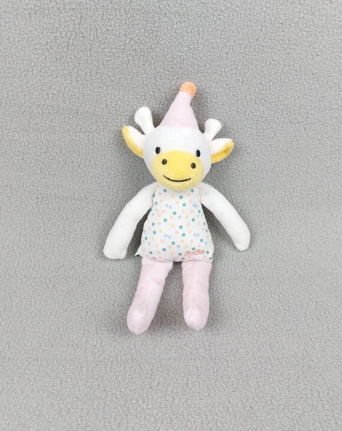 Doudou peluche vache DODIE 26 cm blanc rose jaune chapeau et corps tissu à pois