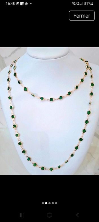 Collier long doré inoxydable cristal vert