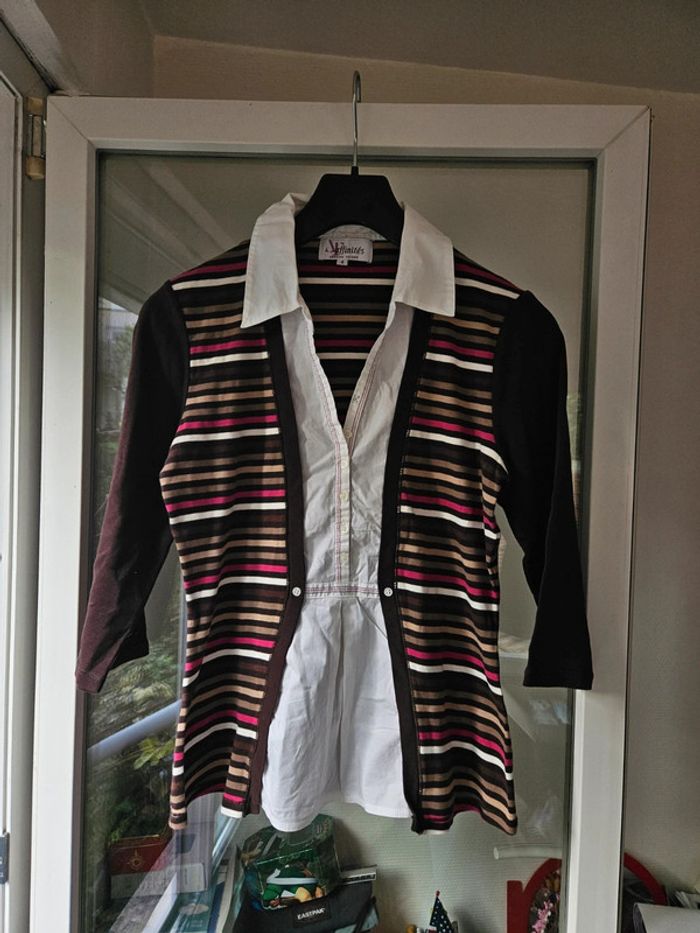 Haut T-shirt chemise brune à rayures vintage taille 42
