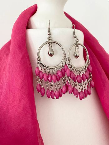 Boucles d’oreilles bohème - rose fuchsia et argenté - Neuves