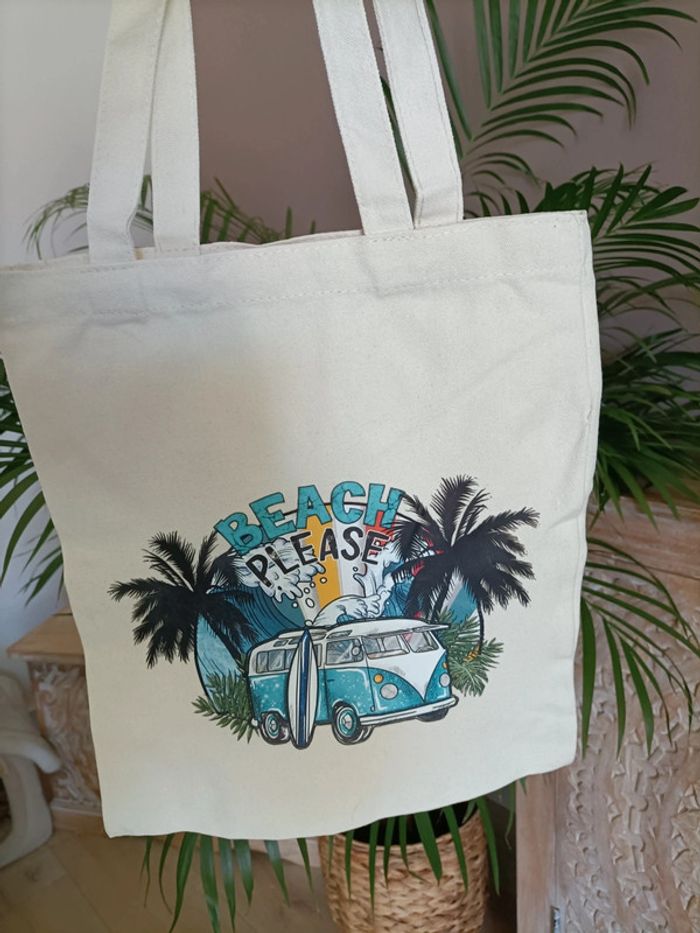 Tote bag Sac en toile beige écru imprimé Plage Surf