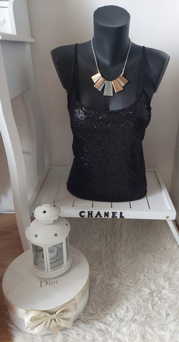 Débardeur bretelles bi matière sequins noirs Atmosphère  T40 neuf 🪩