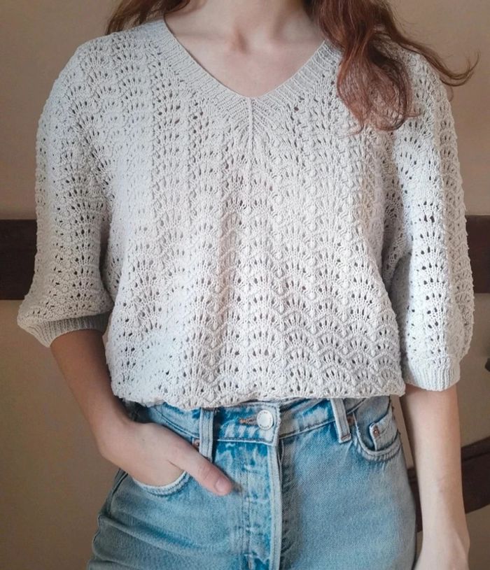 T-shirt maille ajourée crochet gris perle
