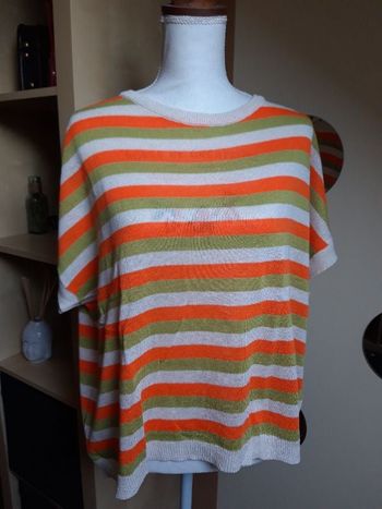 Pull fin rayé orange blanc vert anis neuf étiqueté