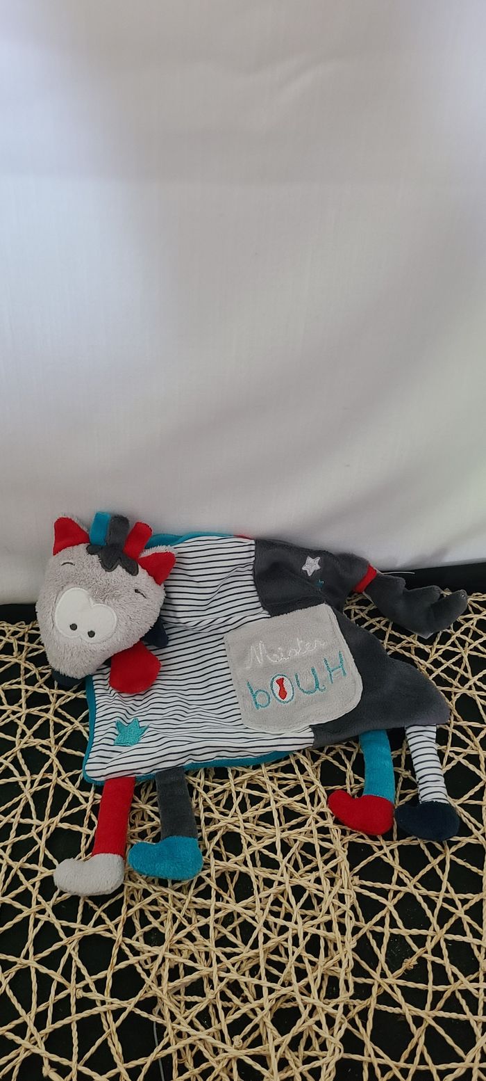 Doudou plat loup Mister Bouh gris bleu noir rayé SAUTHON - photo numéro 3