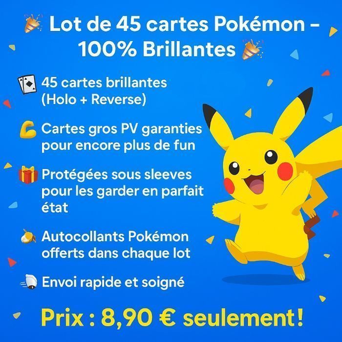 🎉 Lot de 45 cartes  aléatoires Pokémon  – 100% Brillantes 🎉