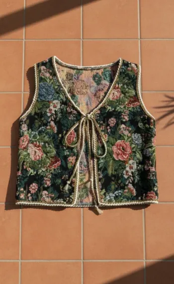 Gilet sans manches fleuri, lien, taille S, style bohème vintage chic