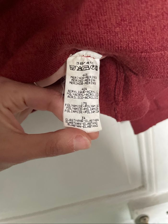 Pull rouge rouille avec col beige en mérinos tissaia - photo numéro 3